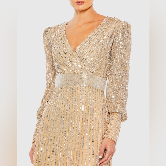 Mac DuggalSequined Wrap Over Bishop Sleeve Gown - Picture 4 of 8